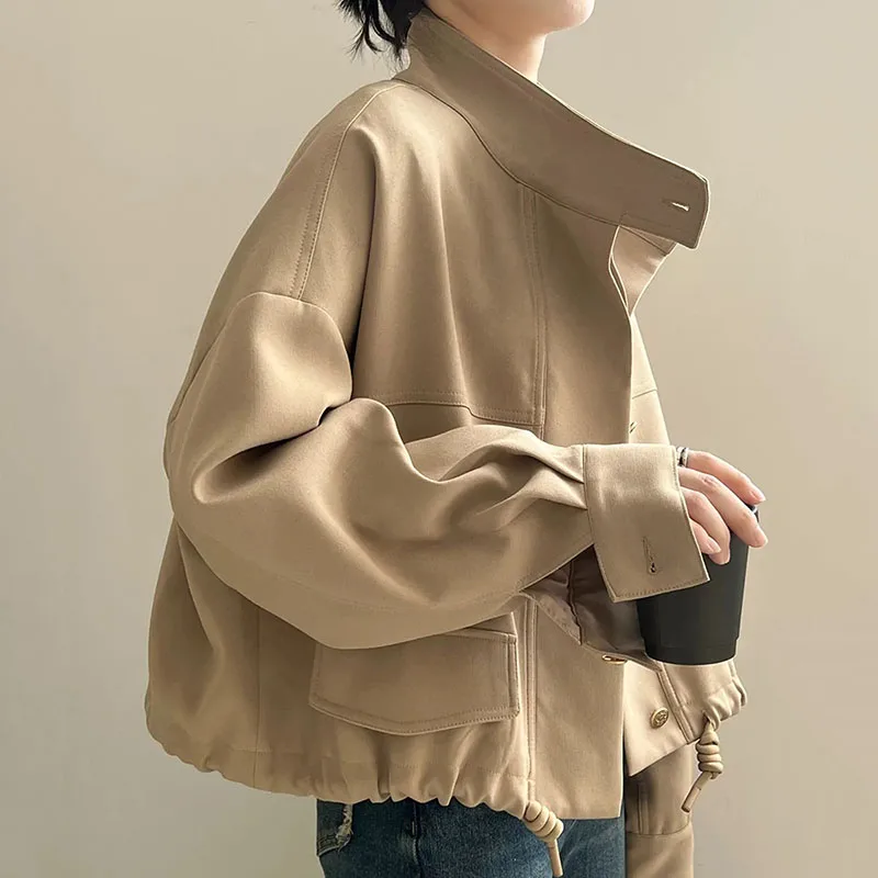 Spring Autumn2024 New Popular high-end Jacket Women Casual Windbreaker Stand Collar Short Coat Female Hem Drawstring Trench Lady